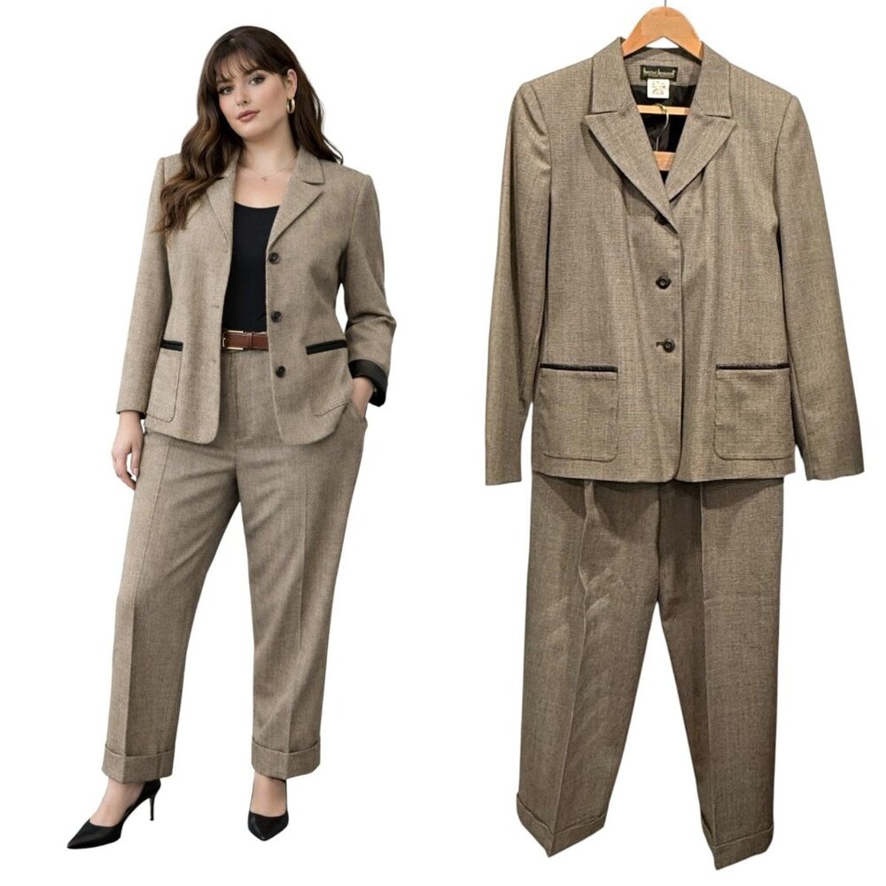 VTG 80s Wool Pants Suit Leather Trim Tan Black Power Suit Career‎ Womens 10